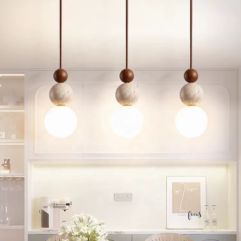 Natural Travertine Pendant Light Wooden Ball Dining Room Modern Stone Glass E27 Dimmer Hanging Pendant Lamp for Kitchen Island