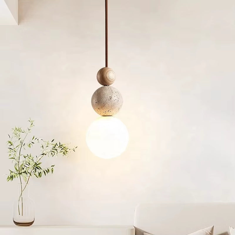 Natural Travertine Pendant Light Wooden Ball Dining Room Modern Stone Glass E27 Dimmer Hanging Pendant Lamp for Kitchen Island