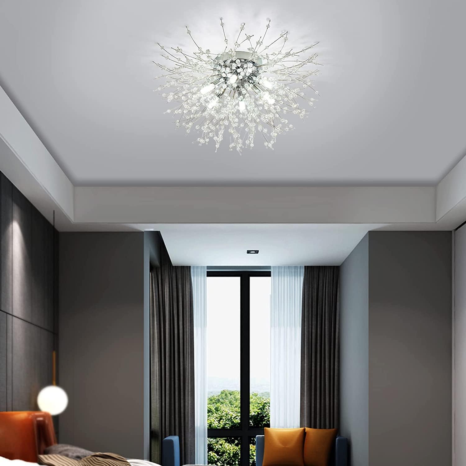 Modern Crystal Ceiling Lights for Living Room, Chrome Fireworks K9 Crystals Chandeliers Fittings, 6 G9 LED, Chandelier Ceiling Pendant Lights for Bedroom, Dining Room, Hallway