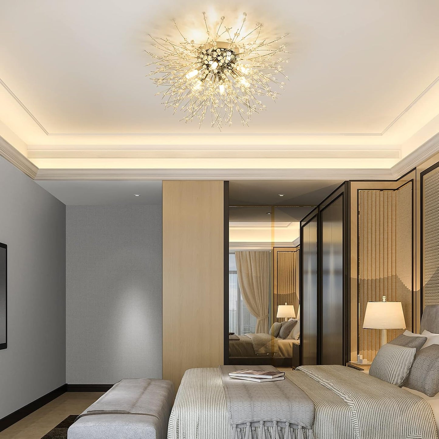 Modern Crystal Ceiling Lights for Living Room, Chrome Fireworks K9 Crystals Chandeliers Fittings, 6 G9 LED, Chandelier Ceiling Pendant Lights for Bedroom, Dining Room, Hallway