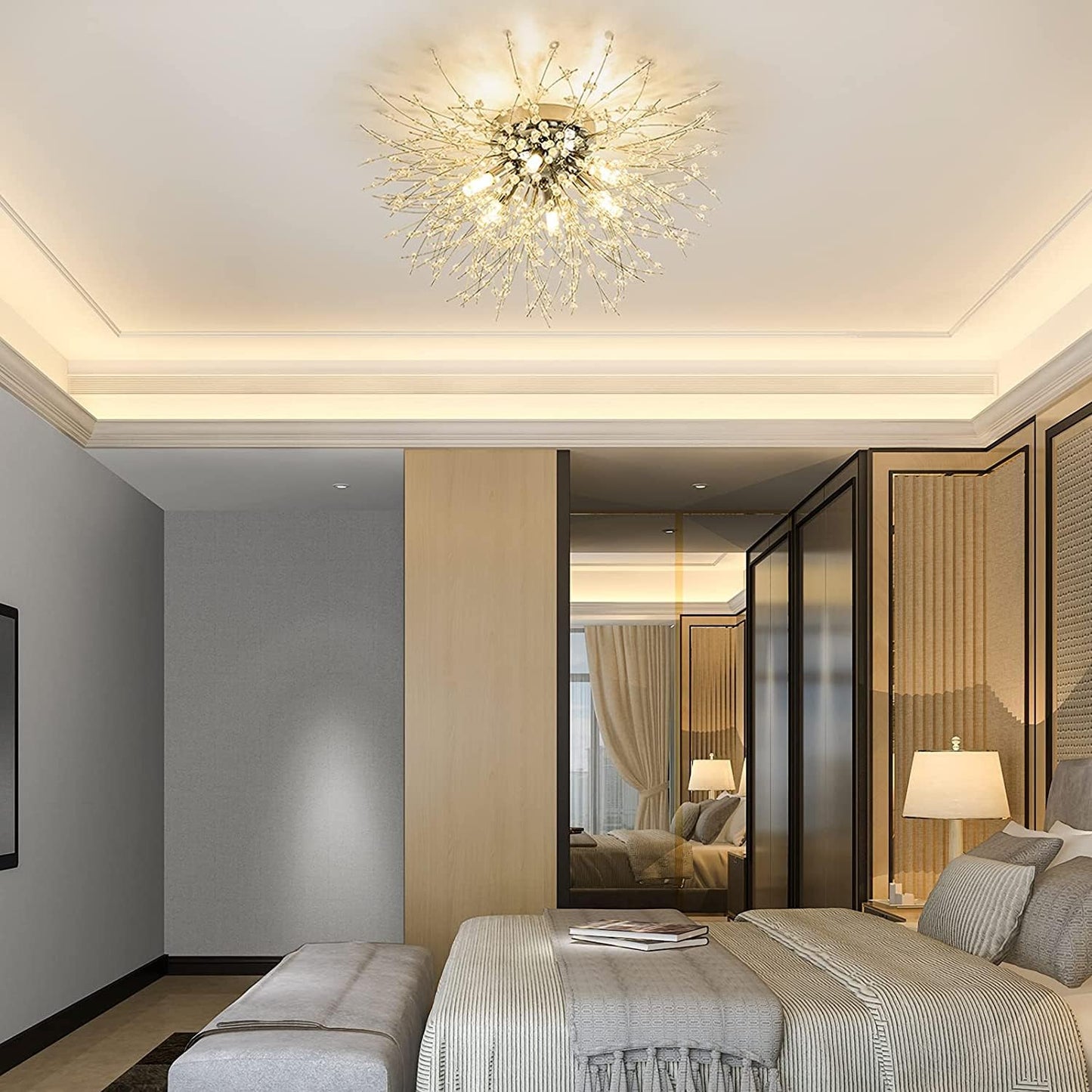 Modern Crystal Ceiling Lights for Living Room, Chrome Fireworks K9 Crystals Chandeliers Fittings, 6 G9 LED, Chandelier Ceiling Pendant Lights for Bedroom, Dining Room, Hallway