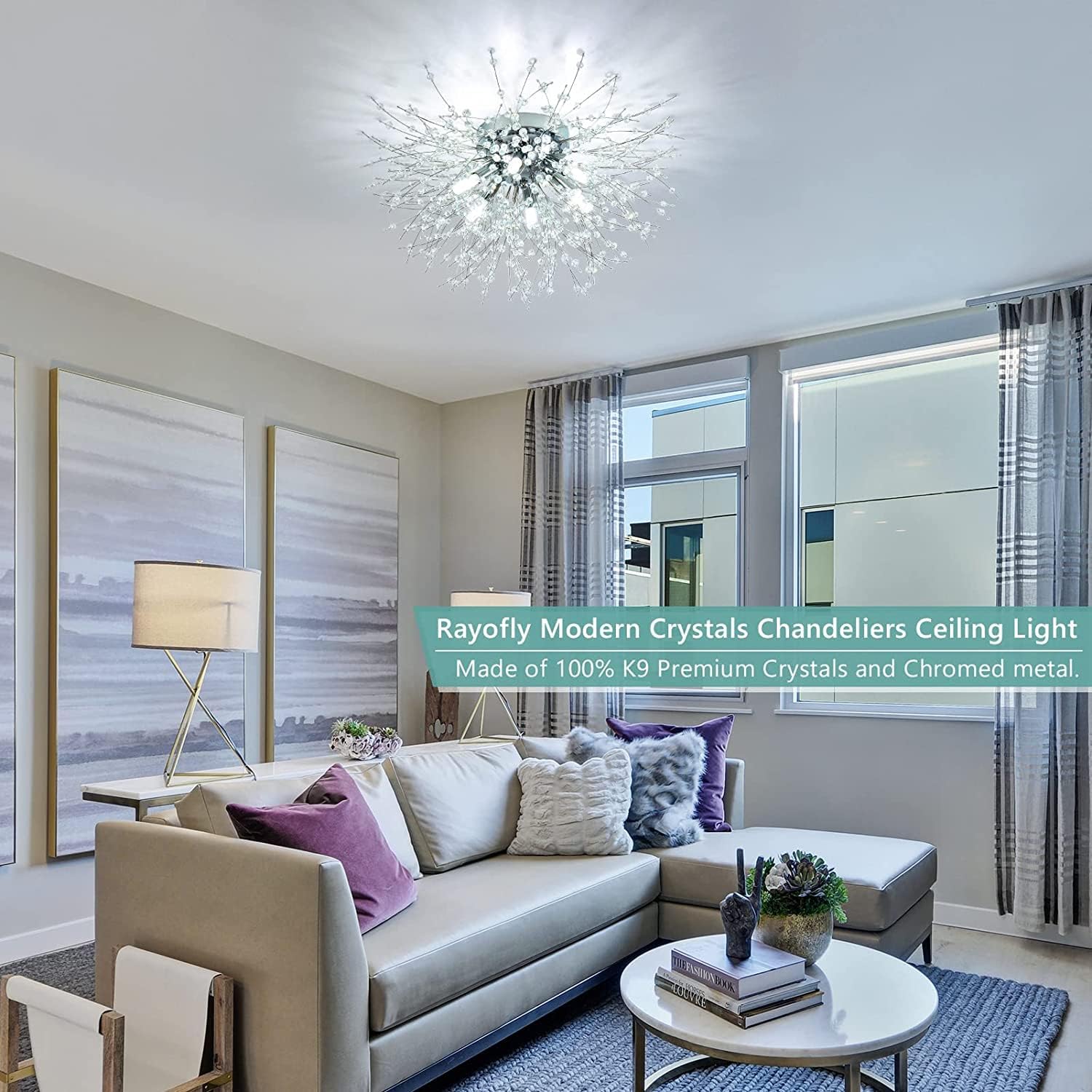 Modern Crystal Ceiling Lights for Living Room, Chrome Fireworks K9 Crystals Chandeliers Fittings, 6 G9 LED, Chandelier Ceiling Pendant Lights for Bedroom, Dining Room, Hallway
