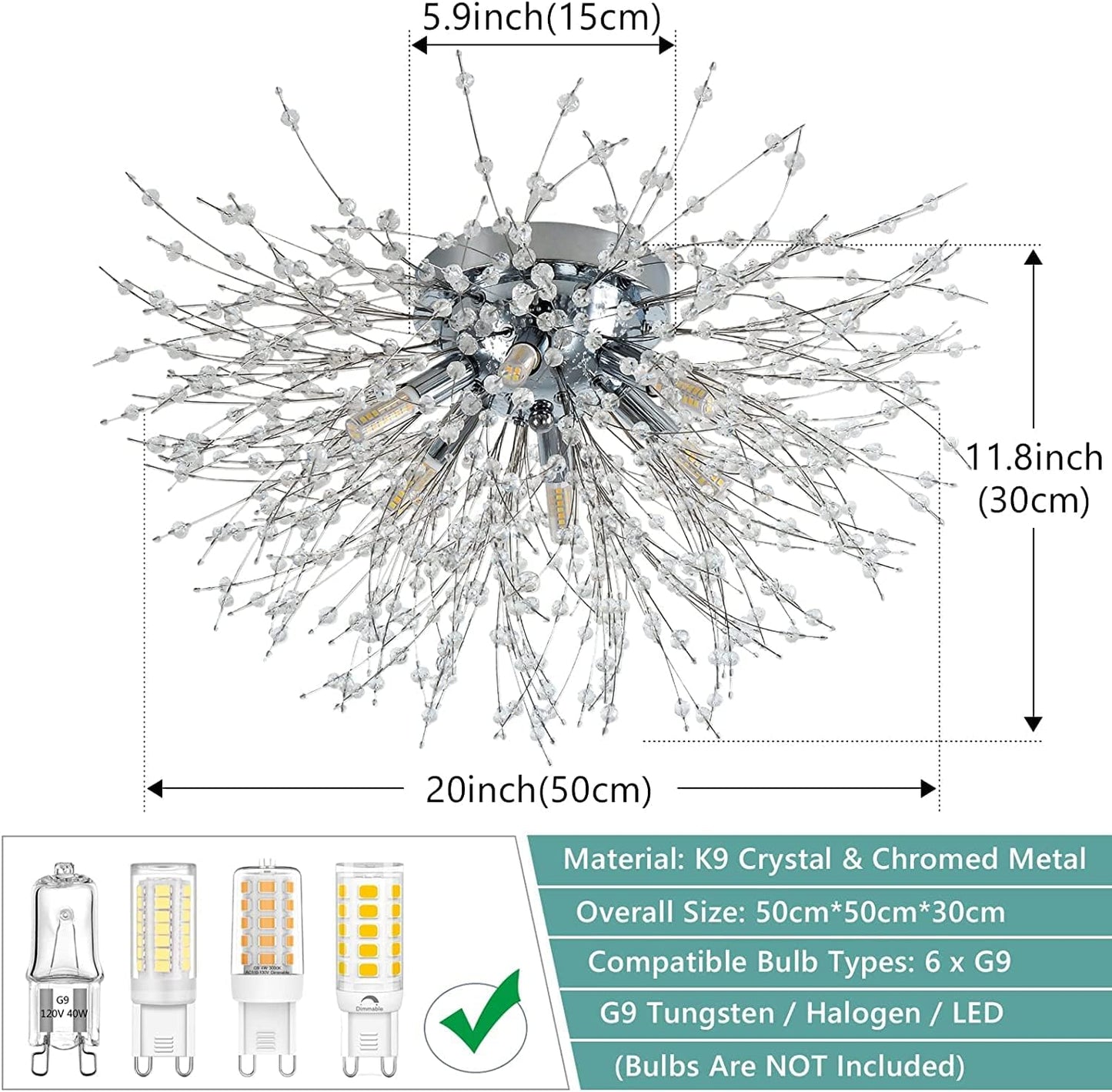 Modern Crystal Ceiling Lights for Living Room, Chrome Fireworks K9 Crystals Chandeliers Fittings, 6 G9 LED, Chandelier Ceiling Pendant Lights for Bedroom, Dining Room, Hallway