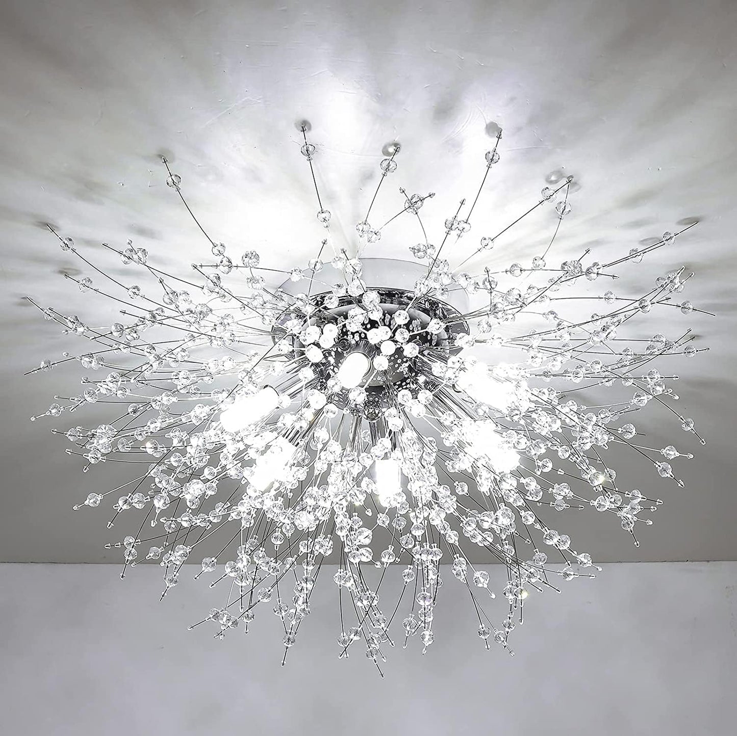 Modern Crystal Ceiling Lights for Living Room, Chrome Fireworks K9 Crystals Chandeliers Fittings, 6 G9 LED, Chandelier Ceiling Pendant Lights for Bedroom, Dining Room, Hallway