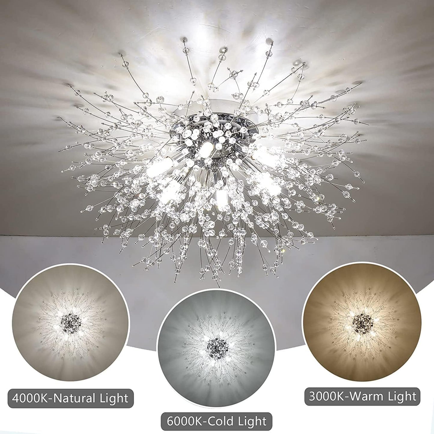 Modern Crystal Ceiling Lights for Living Room, Chrome Fireworks K9 Crystals Chandeliers Fittings, 6 G9 LED, Chandelier Ceiling Pendant Lights for Bedroom, Dining Room, Hallway