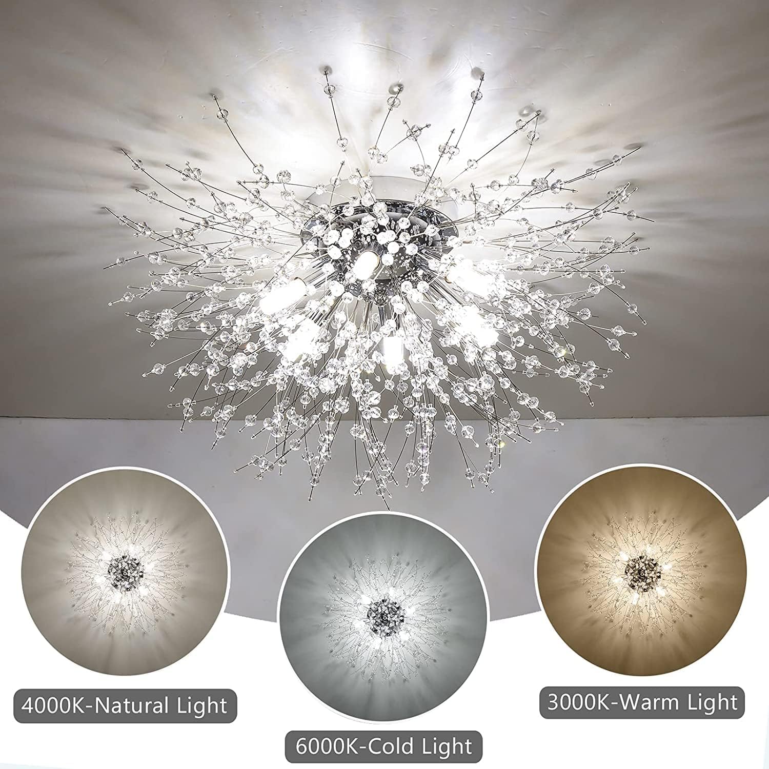 Modern Crystal Ceiling Lights for Living Room, Chrome Fireworks K9 Crystals Chandeliers Fittings, 6 G9 LED, Chandelier Ceiling Pendant Lights for Bedroom, Dining Room, Hallway