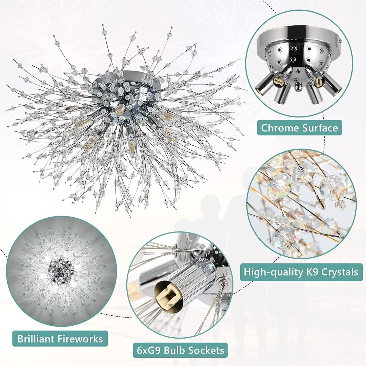 Modern Crystal Ceiling Lights for Living Room, Chrome Fireworks K9 Crystals Chandeliers Fittings, 6 G9 LED, Chandelier Ceiling Pendant Lights for Bedroom, Dining Room, Hallway