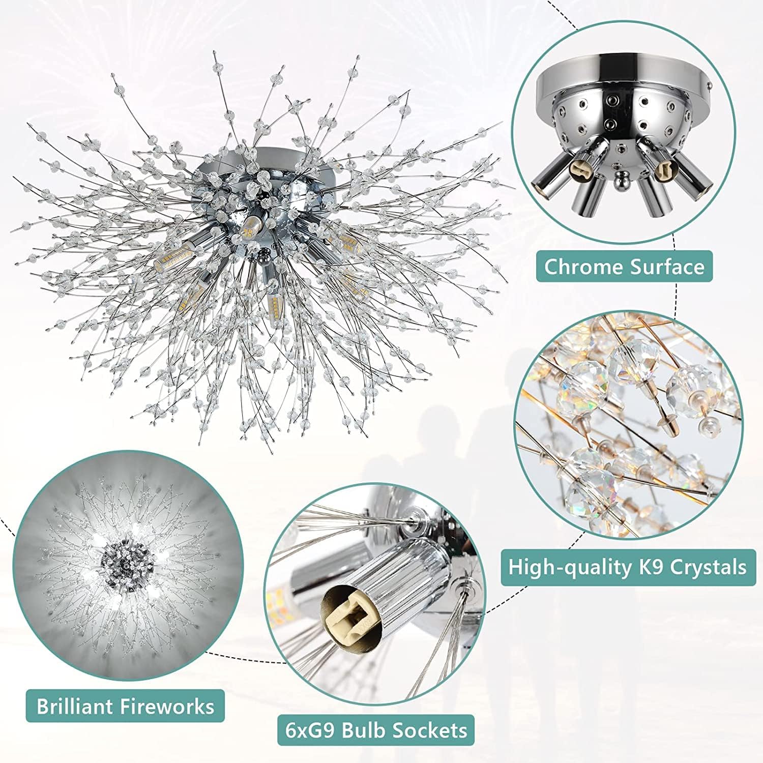 Modern Crystal Ceiling Lights for Living Room, Chrome Fireworks K9 Crystals Chandeliers Fittings, 6 G9 LED, Chandelier Ceiling Pendant Lights for Bedroom, Dining Room, Hallway