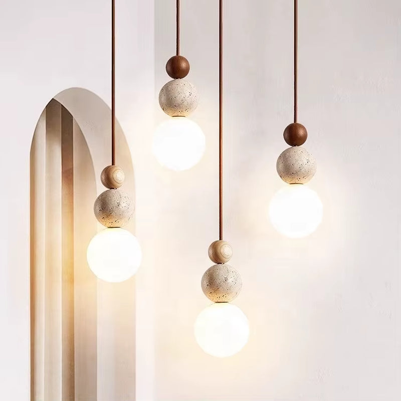 Natural Travertine Pendant Light Wooden Ball Dining Room Modern Stone Glass E27 Dimmer Hanging Pendant Lamp for Kitchen Island